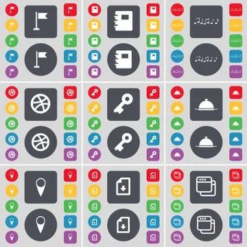 Golf hole, Notebook, Note, Ball, Key, Tray, Checkpoint, Download file, Window ic Stock Illustration