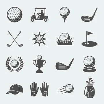 Golf icons collection featuring golf balls, clubs, cart, trophy, flag, cap,.. Stock Illustration