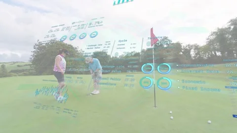 Golf instructor man lining up putt, initiating HUD alignment meters while Stock Footage 333317947