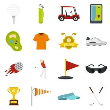 Golf items icons set in flat style Stock Illustration