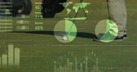 Golf performance data being visualized on putting green with pie charts, bar Stock Footage 307451718