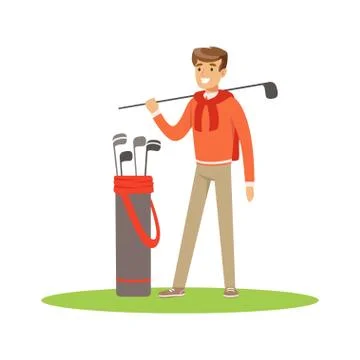 Golf player in a blue pullover standing with a bag of golf clubs vector Stock Illustration