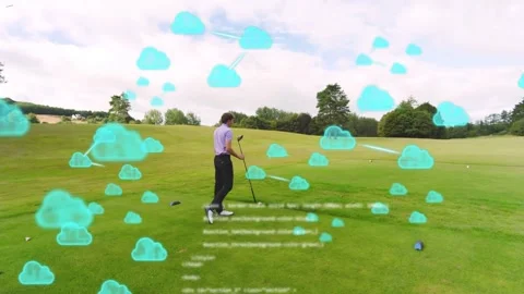 Golf player executing tee shot on impact, teal cloud overlays emerging, Stock Footage 333255764