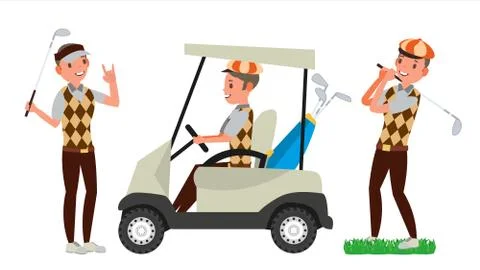 Golf Player Male Vector. Hitting Golf Ball. Playing Man. Different Poses Stock Illustration