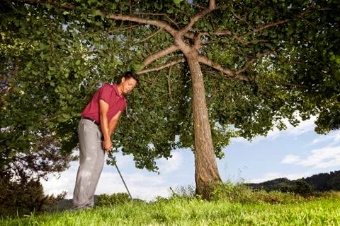 Golf player under tree. Stock Photos