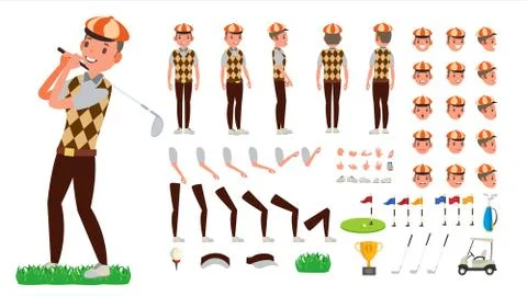 Golf Player Vector. Animated Character Creation Set. Football Tools And Illustrazione stock
