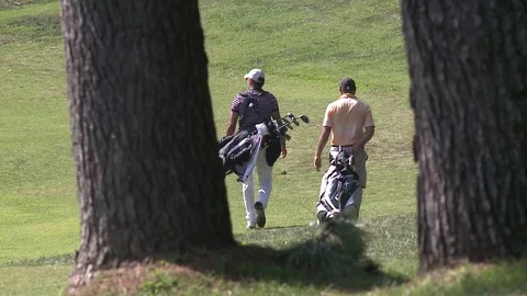Golf players walking down, shot from back Stock Footage 86792634