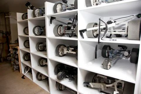 Golf push carts in storage Stock Photos