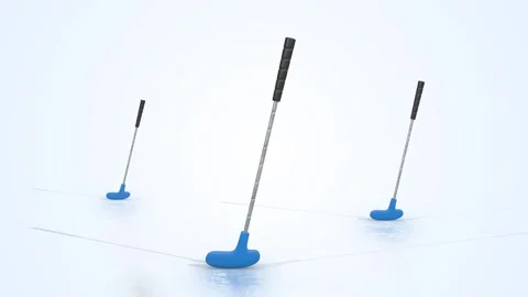 Golf Putters on a Light Reflective Floor. Mini Golf Putters 3D Animation. 4K Stock Footage 298268813