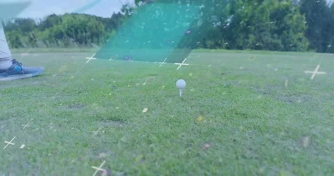 Golf recreational golfer inserting tee aligning stance swinging driver sending Stock Footage 318009966