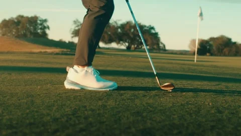 Golf Shoe Slow Motion Chip Pitch Shot Putting Green Pin Flag Course Sunset White Stock Footage 334565642