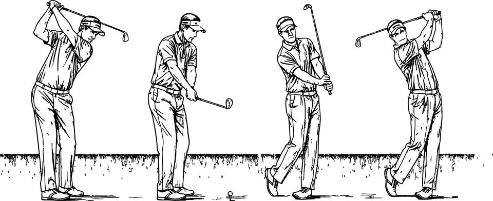 Golf Swing Sequence Illustration: Backswing, Address, Impact, Follow-through Stock Illustration