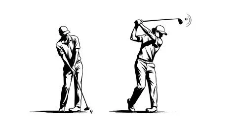 Golf Swing Sequence: Two Poses of a Golfer in Black and White Illustration Stockillustratie
