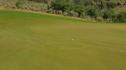 Golf training exercise ball bounces inside circle target and rolls across go Stock Footage 125331958