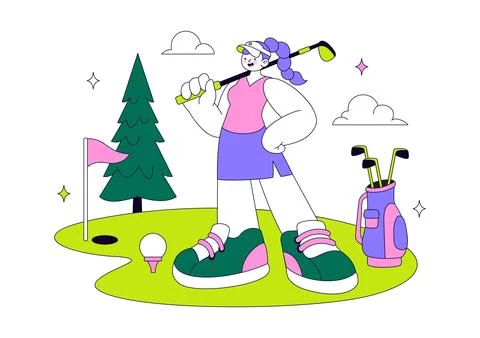 Golf Vector Illustration Featuring Golf Players Swinging Clubs on a Scenic .. Stock Illustration