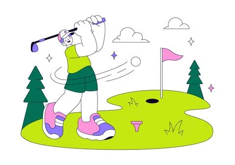 Golf Vector Illustration Featuring Golf Players Swinging Clubs on a Scenic .. Stock Illustration