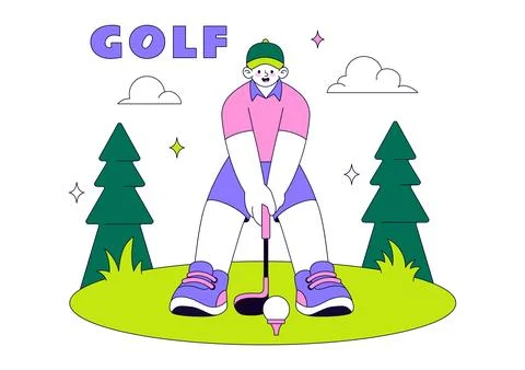 Golf Vector Illustration Featuring Golf Players Swinging Clubs on a Scenic .. Stock Illustration
