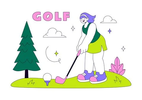 Golf Vector Illustration Featuring Golf Players Swinging Clubs on a Scenic .. Stock Illustration