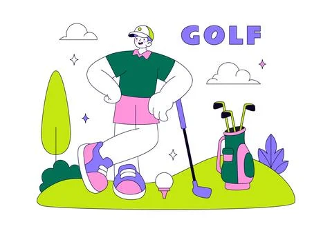 Golf Vector Illustration Featuring Golf Players Swinging Clubs on a Scenic .. Stock Illustration