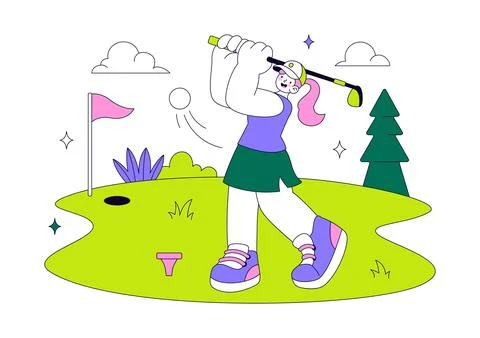 Golf Vector Illustration Featuring Golf Players Swinging Clubs on a Scenic .. Stock Illustration