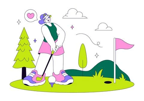Golf Vector Illustration Featuring Golf Players Swinging Clubs on a Scenic .. Stock Illustration