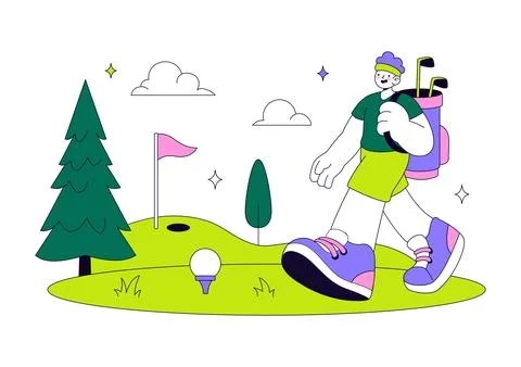 Golf Vector Illustration Featuring Golf Players Swinging Clubs on a Scenic .. Stock Illustration