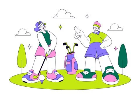 Golf Vector Illustration Featuring Golf Players Swinging Clubs on a Scenic .. Stock Illustration