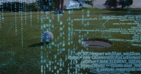 Golfer aligning putt on green, activating analytics streams visualizing Video stock 316339128
