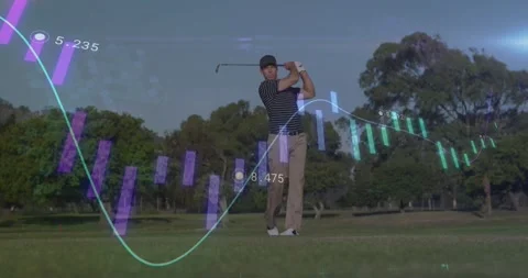 Golfer aligning stance then executing full swing on fairway, bars line showing Stock Footage 327278550