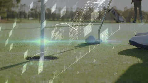 Golfer bringing putter forward, executing short golf putt to sink ball, HUD Video stock 333233922