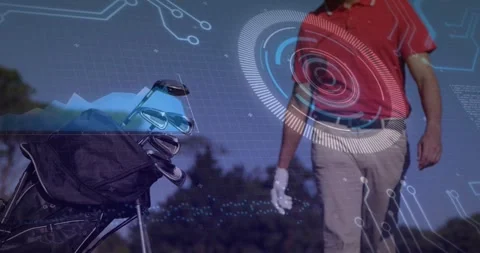Golfer entering frame and activating golf tech HUD overlays, analyzing data and Stock Footage 319683584