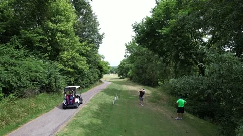 Golfer hits ball though the trees, aerial drone Stock Footage 201311206