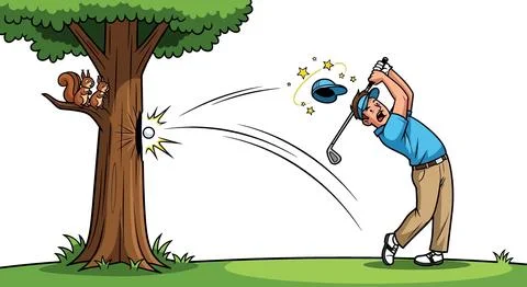 Golfer Hits Tree, Squirrel Scared, Hat Flies Off Ilustración de archivo