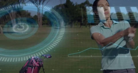 Golfer lifting driver into backswing, finishing swing with rings providing golf Stock Footage 319683511