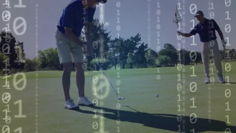 Golfer lining up putt, executing stroke to sink ball while binary digits and Stock Footage 333602748