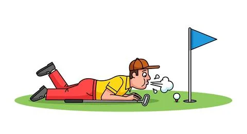 Golfer Lying Down Blowing Ball Towards Hole on Green Stock Illustration