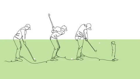 Golfer making swing motion on golf course, animated illustration. One continuous Stock Footage 300955148