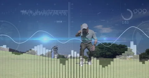 Golfer marking ball position initiating golf data overlays swinging putter Stockbeeldmateriaal 314687698