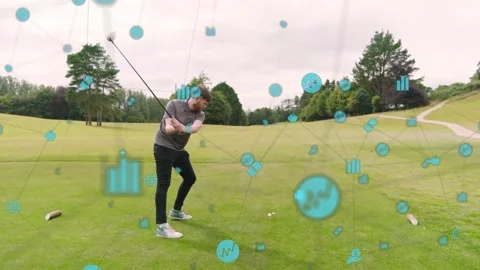 Golfer placing driver behind ball, driving, AR nodes circling club, walking to Video stock 334013714