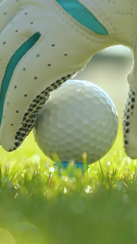Golfer placing a golf ball on tee at sunrise on green course, vertical shot. Video stock 335468506