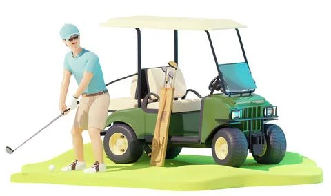 Golfer playing on golf course with golf cart Stock Illustration