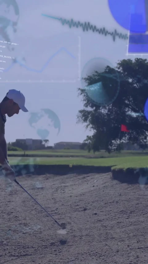 Golfer preparing swing in sand trap with data processing animation overlay Stockbeeldmateriaal 319727974