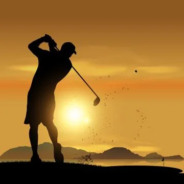 Golfer silhouette at sunset Stock Illustration