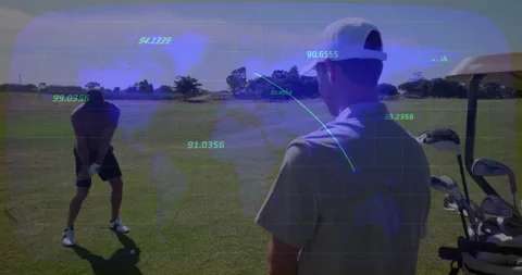 Golfer starting backswing, launching ball as overlay tracing flight data for Stock Footage 312828581