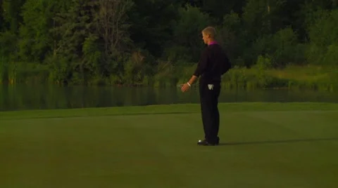 Golfer stroking golf ball into hole Stock Footage 54592407