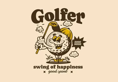 Golfer swing of happiness, mascot character illustration of golf ball holdi.. Stock Illustration