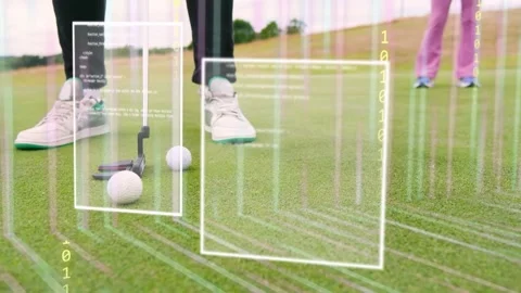 Golfer swinging putter, putting ball, golf AR overlays scanning alignment Video stock 333774560