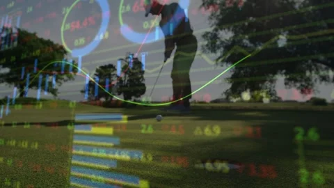 Golfer testing aim and making putt on green, animated finance charts marking Stock Footage 333035257