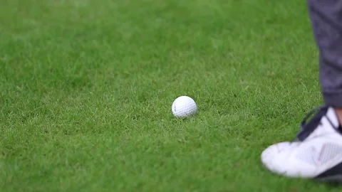 A golfer was preparing to hit with a putter on the green ground Video stock 143715800