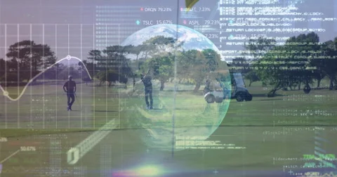 Golfers preparing putt and causing data scroll, showcasing rotating globe with Video stock 314687564